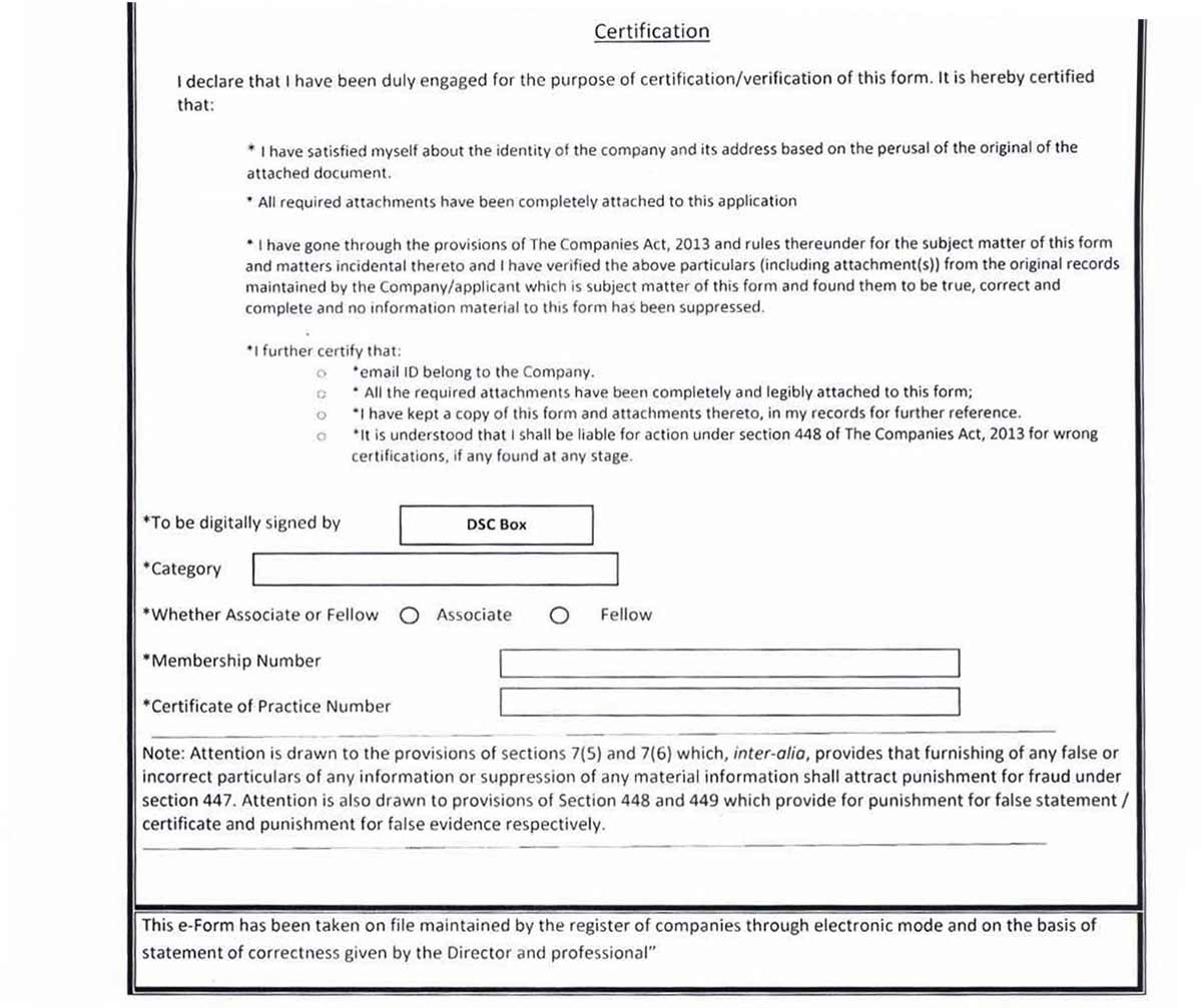 MCA E-form INC-22A Certification