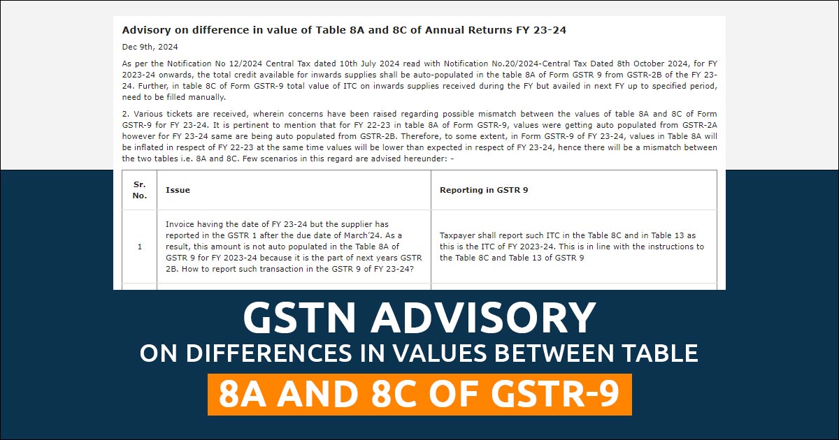 GSTN Advisory on Differences in Values Between Table 8A and 8C of GSTR-9