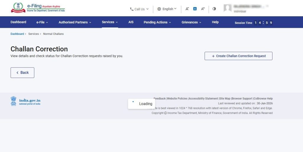 Create Challan Correction Request