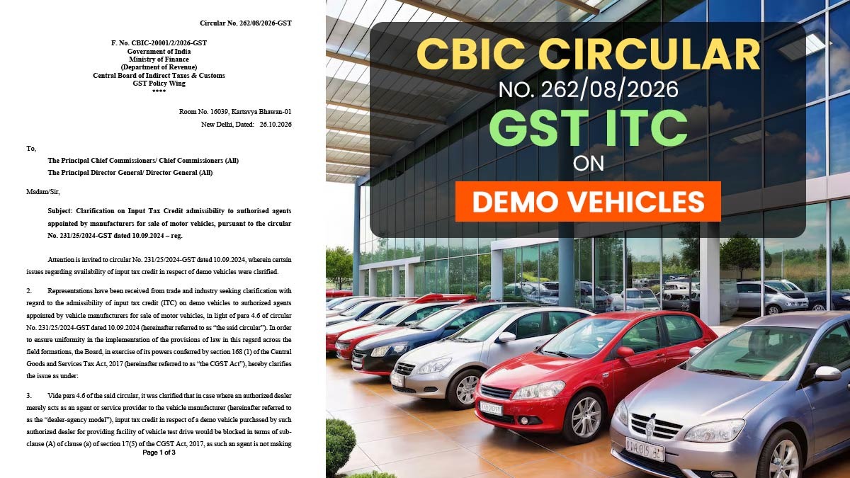CBIC Circular No. 262/08/2026-GST ITC on Demo Vehicles